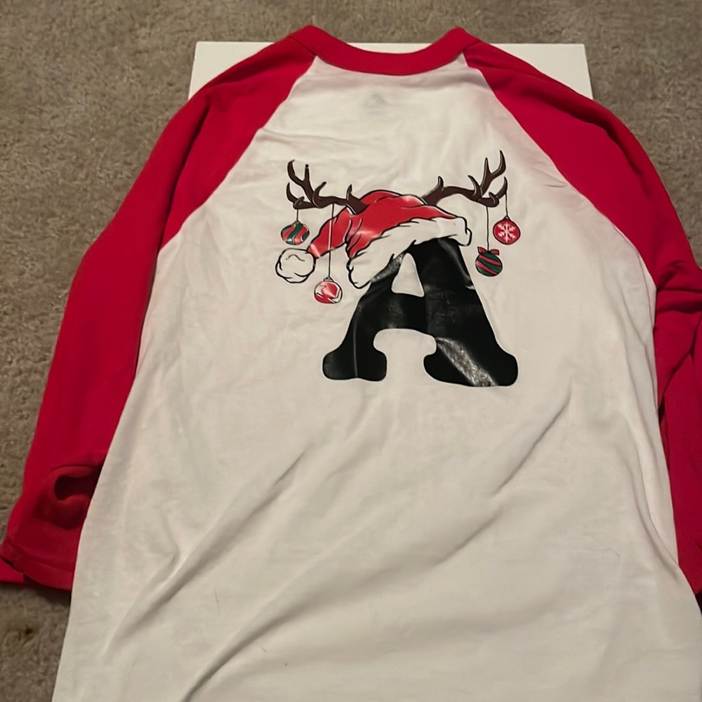 Red and white long sleeve great for anyone that starts with the letter A!
